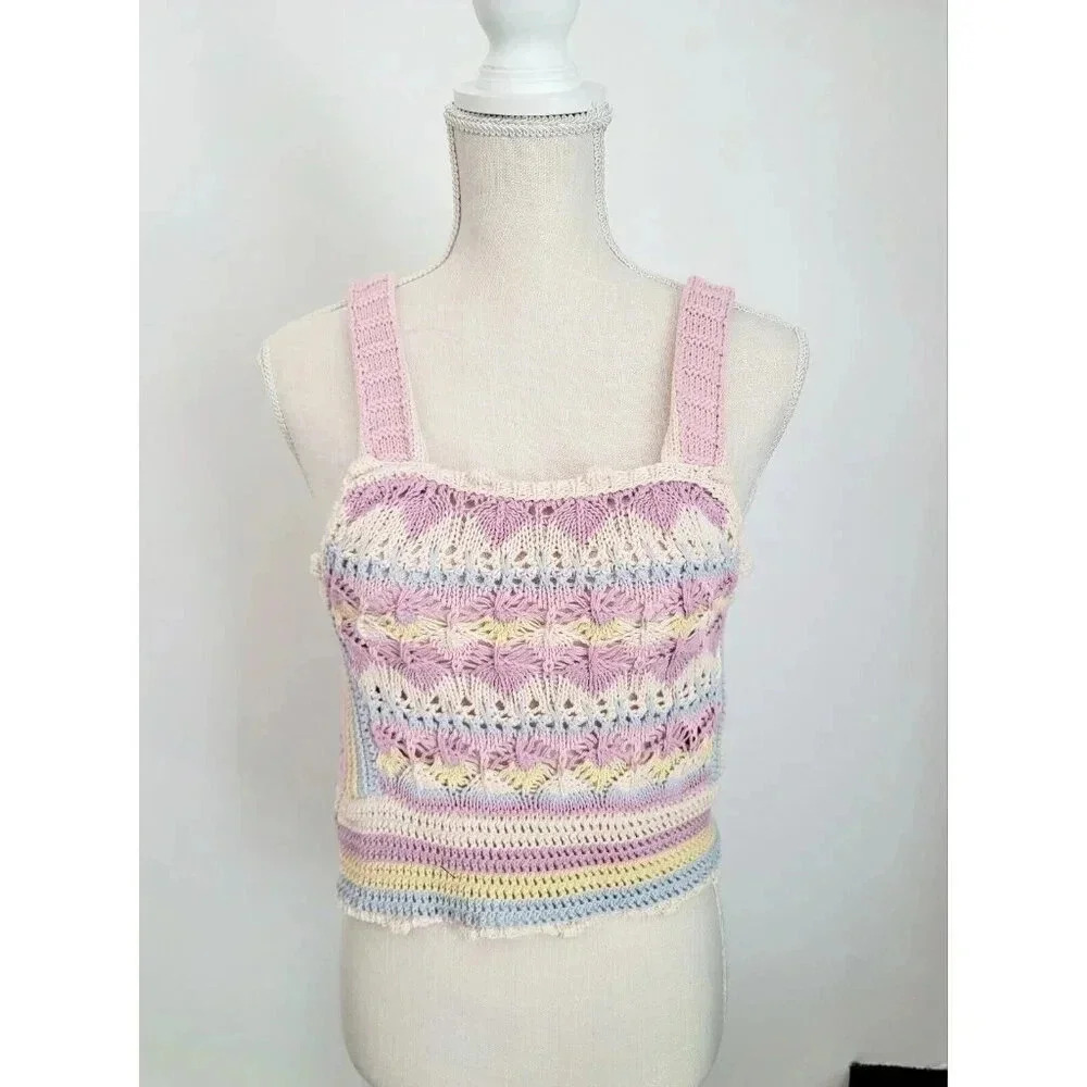 Zara Pastel Rainbow Crochet Knit Sleeveless Y2K 90s Crop Top Tank Cami M - Picture 2 of 9